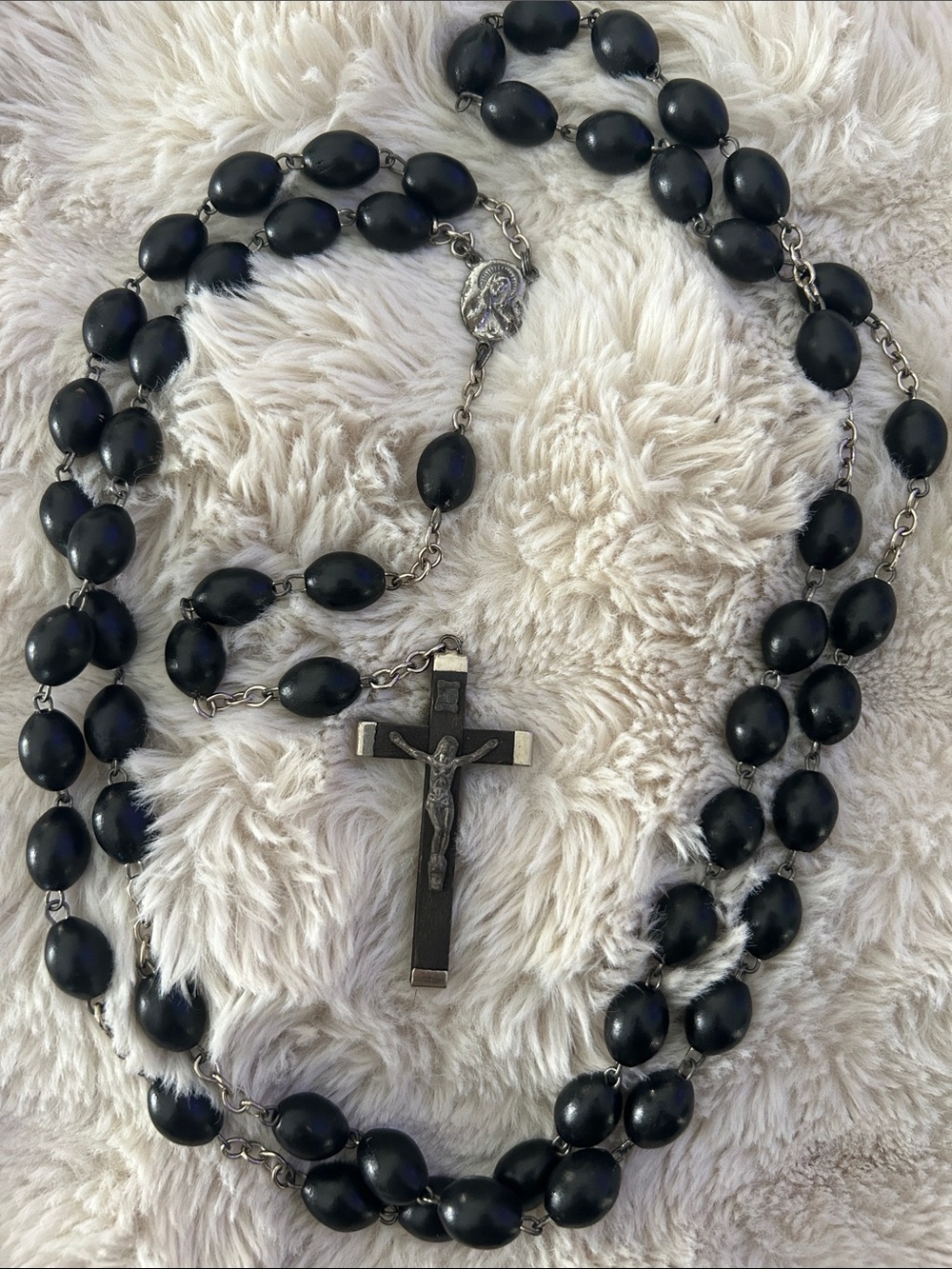 Super long Black Bead Rosary Necklace with Crucifix